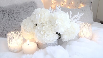 Cozy Winter Bedroom Decor with White Flowers and Candles