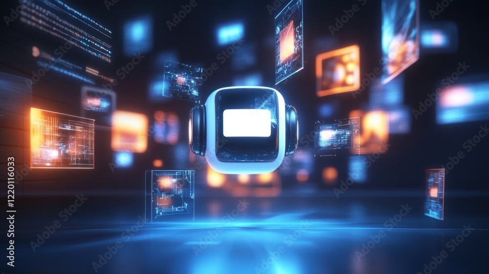 Poster a glowing 3d chatbot surrounded by multiple image designs floating in the air, symbolizing creative 