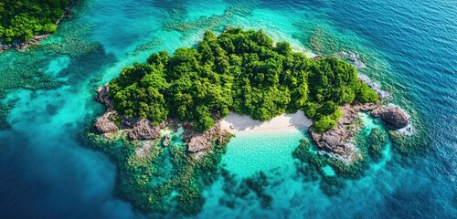 Obraz premium A stunning aerial view of an isolated tropical island surrounded by crystal-clear turquoise waters, featuring lush greenery, sandy beaches, and vibrant coral reefs, showcasing the beauty of paradise.