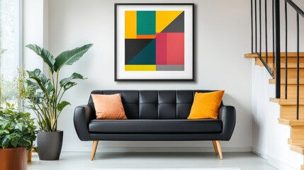 Sleek Living Room with Black Leather Sofa and Art