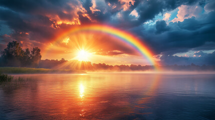  a breathtaking scene of a rainbow forming after a gentle rainstorm, with rays of sunlight piercing through dark clouds and creating a contrast between light and shadow in the sky