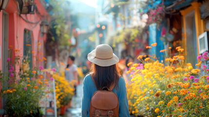 For a relaxing spring trip, happy travelers explore the charming town. Spring flowers bloom along the streets, capturing the essence of tranquility and beauty in this rejuvenating season.