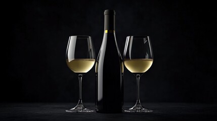 a glossy black wine bottle with detailed gold foil, accompanied by two glasses of white wine in a dramatic dark setting