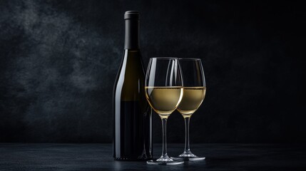 a glossy black wine bottle with detailed gold foil, accompanied by two glasses of white wine in a dramatic dark setting