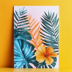 A painting of a tropical scene with a yellow flower in the center