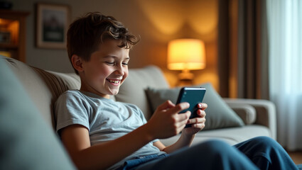 Smiling boy playing games on a tablet on the sofa at home.