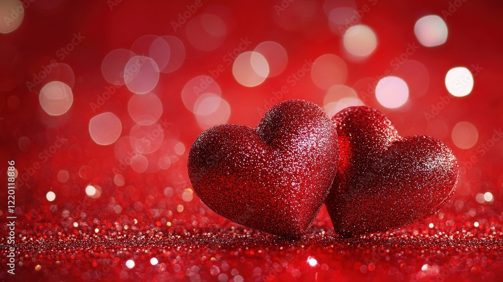 Poster vibrant red background with soft sparkles and shimmering effects, creating a sense of elegance and f