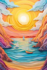 A dreamy sunrise over a paper-cut cove, with boats gently anchored near the shore, 3D illustration