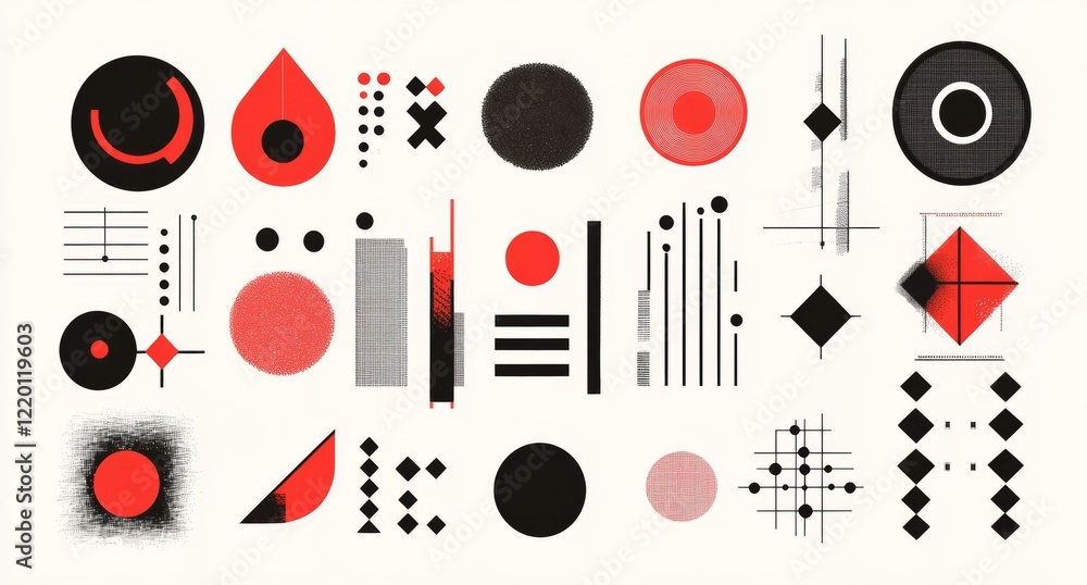 Poster a collection of abstract shapes and lines in red and black
