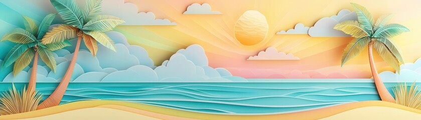 Obraz premium A quiet paper-cut cove with palm trees swaying in the breeze, tropical escape, 3D illustration