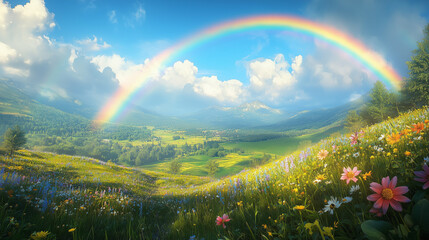 Obraz premium a wide landscape view of a rainbow spanning across a quiet countryside, with rolling green hills and scattered wildflowers softly glowing under diffused sunlight