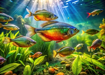 Fototapeta premium Aerial photography captures breathtaking blue rainbowfish in their turquoise lake home.