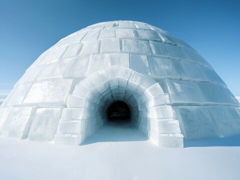 Traditional arctic Eskimo igloo made of ice blocks in snowy landscape, igloo entrance with frozen details in polar region, eskimos dome, snowhouse in frozen world, glacier, snow shelter built by Inuit - Powered by Adobe