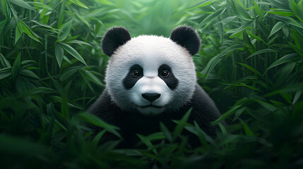 Obraz premium Panda emerging from lush bamboo forest wildlife photography nature scene close-up perspective serenity in wildlife