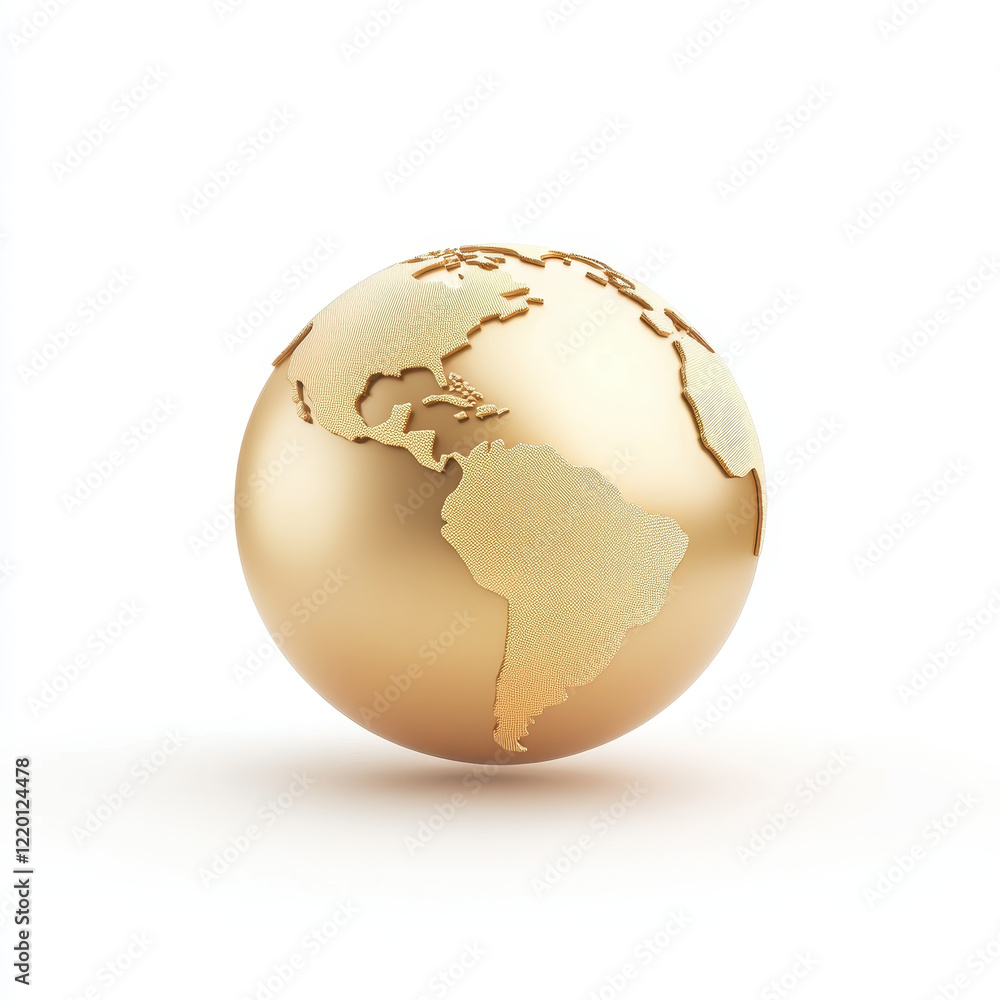Poster detailed 3d render of golden globe showcasing continents, symbolizing global unity and exploration. 