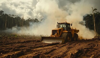 A yellow bulldozer is driving through a field of dirt and smoke
