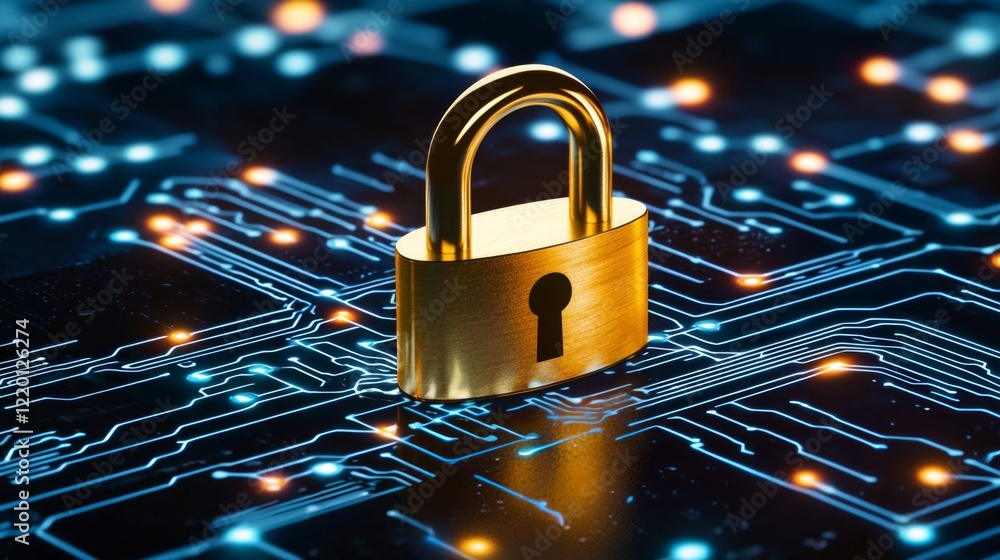 Aufkleber golden padlock on digital circuitry background representing cybersecurity and data protection concep