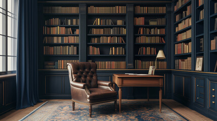Dark blue classic library with bookshelves and a leather chair, and a wooden desk. Victorian interior design of a home office in a vintage style.