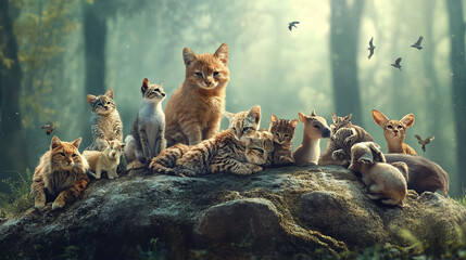 Obraz premium various animals sitting together on a rock in a misty forest featuring cats, rabbits, and kittens in an enchanting scene of fantasy wildlife and digital feline artistry