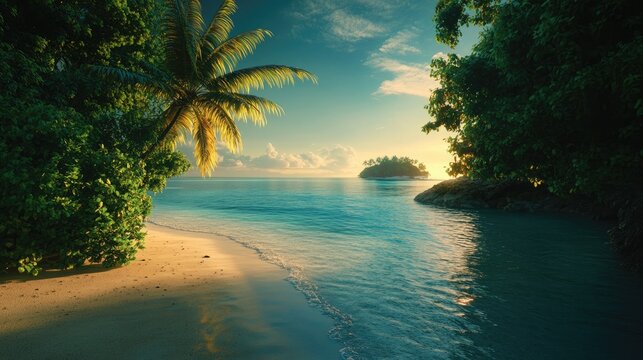 A tranquil scene of a tropical island in the ocean at dawn, with the first light of day illuminating the sandy shores, calm waters, and rich foliage, evoking a sense of peace and solitude.