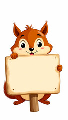 Obraz premium cheerful cartoon squirrel holding a blank wooden sign