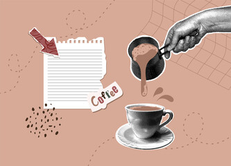 Trendy halftone collage. Hand with halftone effect pouring hot coffee into white porcelain cup on abstract background. Abstract background color Mocha Mousse