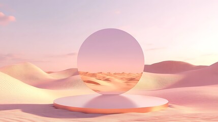Serene Desert Oasis: Minimalist Pink Sandscape with Circular Mirror Reflection
