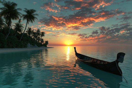 A tropical scene at dusk with a long-tail boat floating on serene waters, the sunset painting the sky with fiery shades, and palm-fringed shores in the distance.