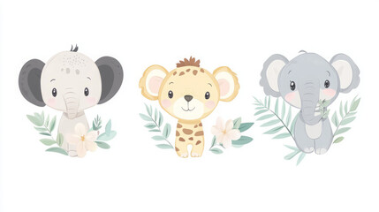 Naklejka premium adorable pastel cartoon safari animal clipart: watercolor illustration featuring cute elephant, giraffe, and cheetah for nursery and printable boho baby shower art