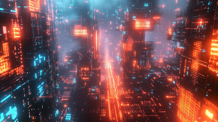 Fototapeta premium Abstract Cyberpunk Cityscape With Vibrant Neon Lights