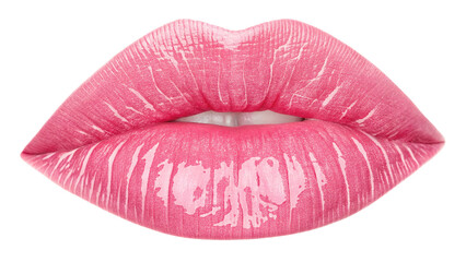 Fototapeta premium closeup of kiss mark vibrant glittery pink lip