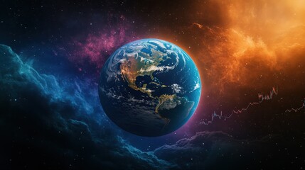 Fototapeta premium Research reveals trends for better marketing. Vibrant depiction of Earth in a cosmic landscape with colorful nebulae.