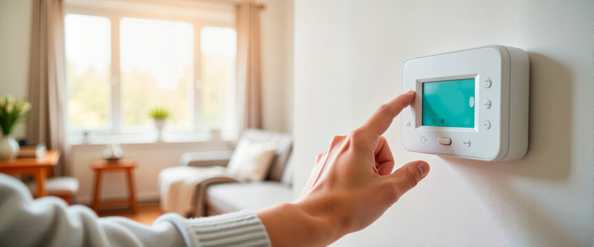 Hand adjusting smart thermostat in modern living room
