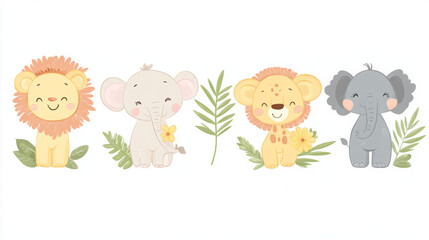 adorable watercolor cartoon safari baby animals perfect for children's illustration artwork and nursery print featuring lion, elephant, giraffe designs