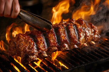 A chef's hand holds tong, grilling meat on the grill with flame burning in an upscale restaurant kitchen, capturing details of fire and smoke for food photography