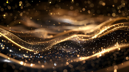 A mesmerizing abstract image of flowing golden waves and sparkling particles.