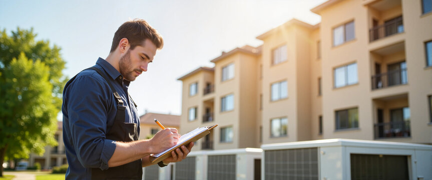 Maintenance worker evaluating property in front of apartment buildings