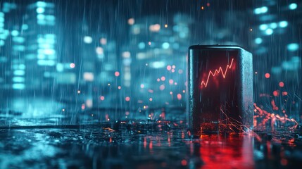 Futuristic digital graph displayed on a dark, rain-soaked city background at night.