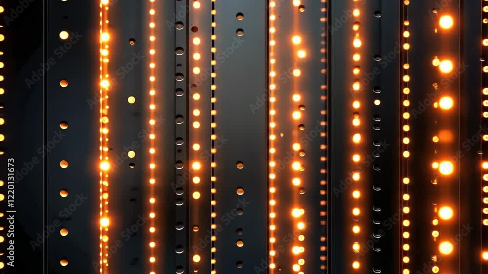 Poster intricate patterns of light dancing along metallic surfaces in a modern urban setting at night. gene