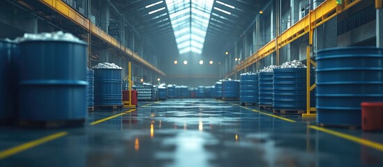 Obraz premium Industrial Warehouse: Rows of Blue Barrels in a Large Factory