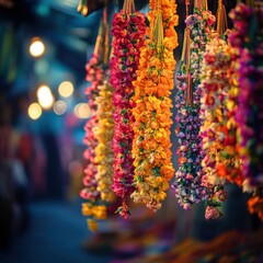 Naklejka premium Colorful Flower Garlands Hanging in Vibrant Market Setting