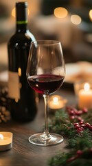 Elegant Red Wine Glass with Bottle and Holiday Decorations