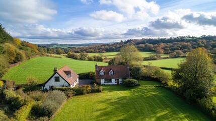 Fototapeta premium Scenic Countryside Landscape with Charming Cottage and Green Fields
