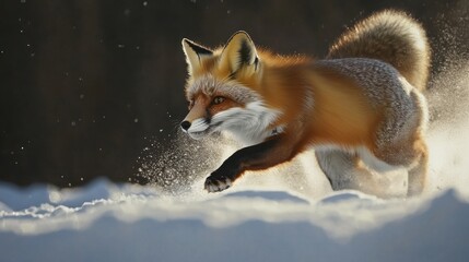 Obraz premium Red Fox Running Gracefully Through Snowy Winter Landscape