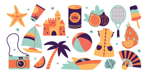 Summer holidays, travel and vacation collection set of design elements and icons, clipart, isolated illustration