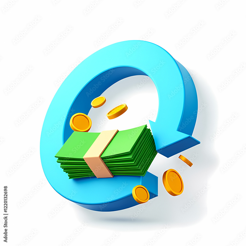 Poster 3d rendering of a blue circular arrow with money and coins symbolizing financial cycle.