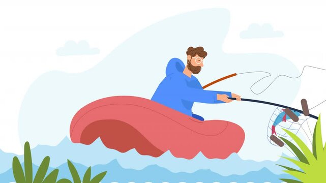 Flat Character Design Man Fishing With Net Vector Animation Scene