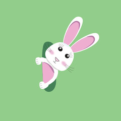 Cute white rabbit with pink ears, with a pink belly looks out of a hole. toy, cartoon rabbit. cute bunny. children's drawing. vector image.