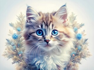 Obraz premium A fluffy blue-eyed kitten in a dreamy, double-exposed surreal pet portrait.