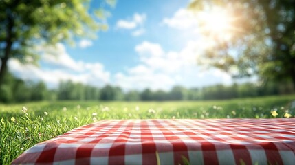 a red and white checkered table cloth on the grass